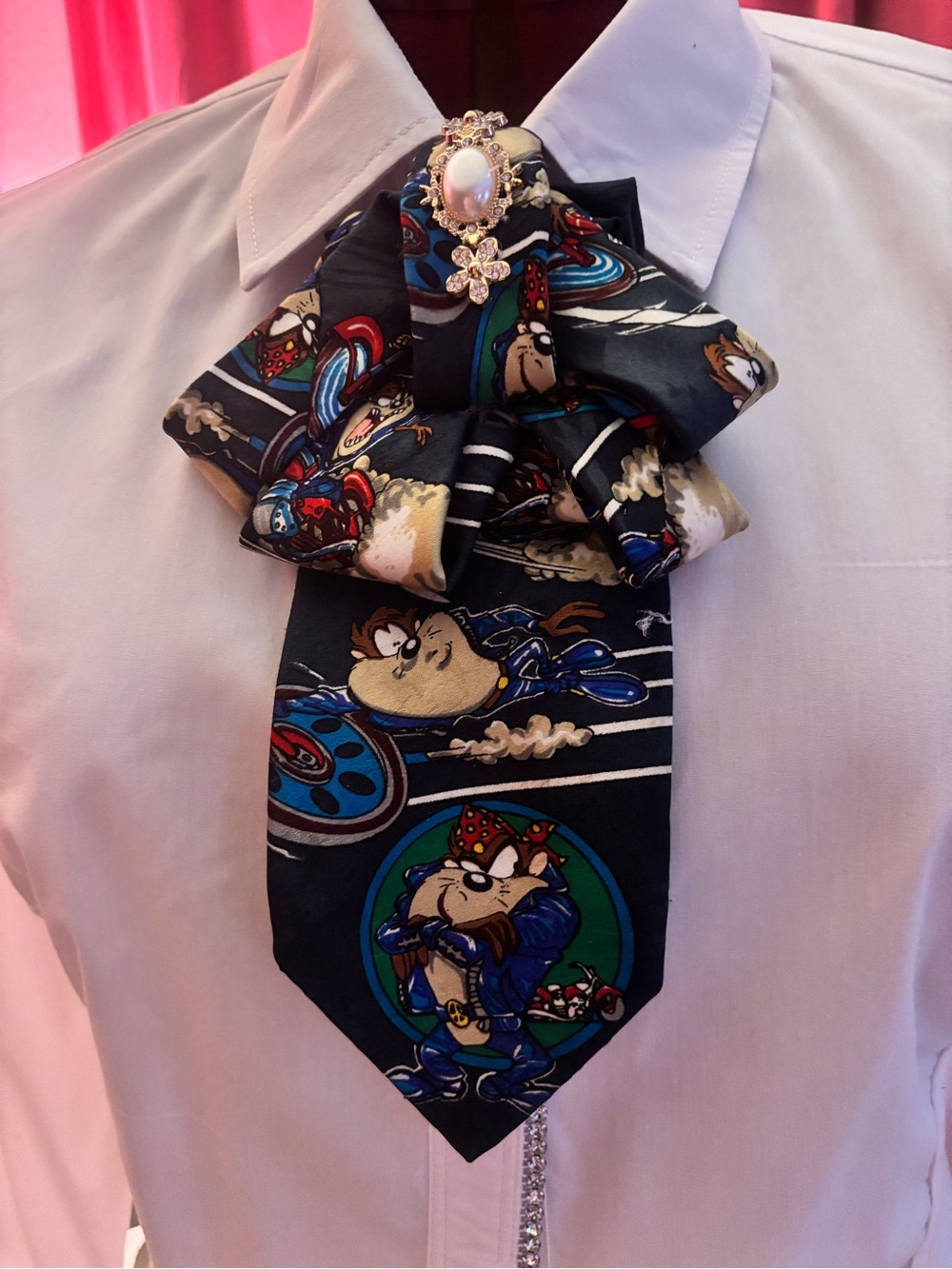 Black Cartoon Character Statement Necktie with Brooch